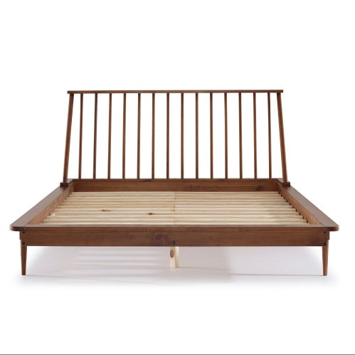 Mid-Century Modern Solid Wood Queen Platform Bed Frame With Spindle Headboard - Caramel