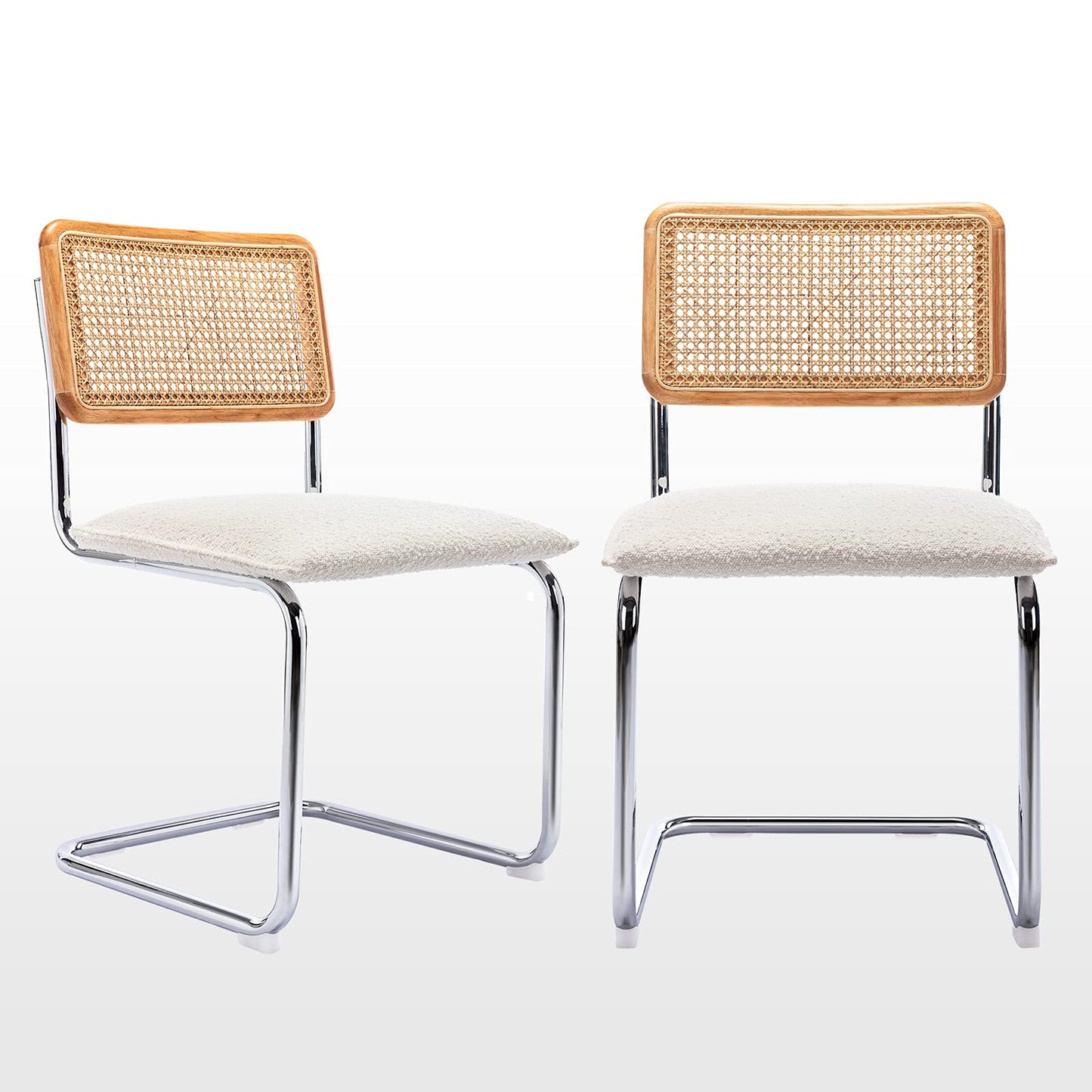 Zesthouse Mid Century Modern Dining Chairs Set of 2 Upholstered Boucle Kitchen Chairs Famous Breuer Designed Chairs Armless Accent Chairs with Natural Cane Back & Stainless Chrome Base