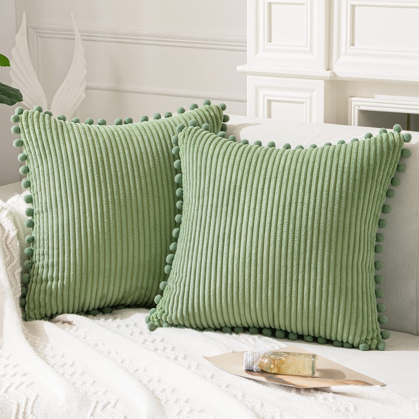 ANRODUO Pack of 2 Sage Green Boho Decorative Pillow Covers with Pom-poms Pillow Covers 18x18 Corduroy Cushion Case Cute and Soft Square Throw Pillows for Bed Couch Sofa Living Room Spring Home Decor