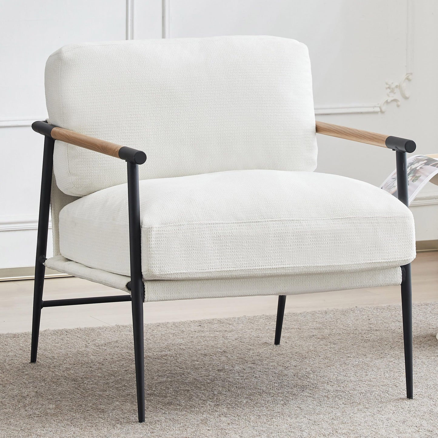Accent Chair Mid Century Modern Armchair for Living RoomBedroomOfficeLounge Comfy Chenille Upholstered Soft Removable Washable Cushions and PillowsMetal Wood-Grain Armrest LegsWhite