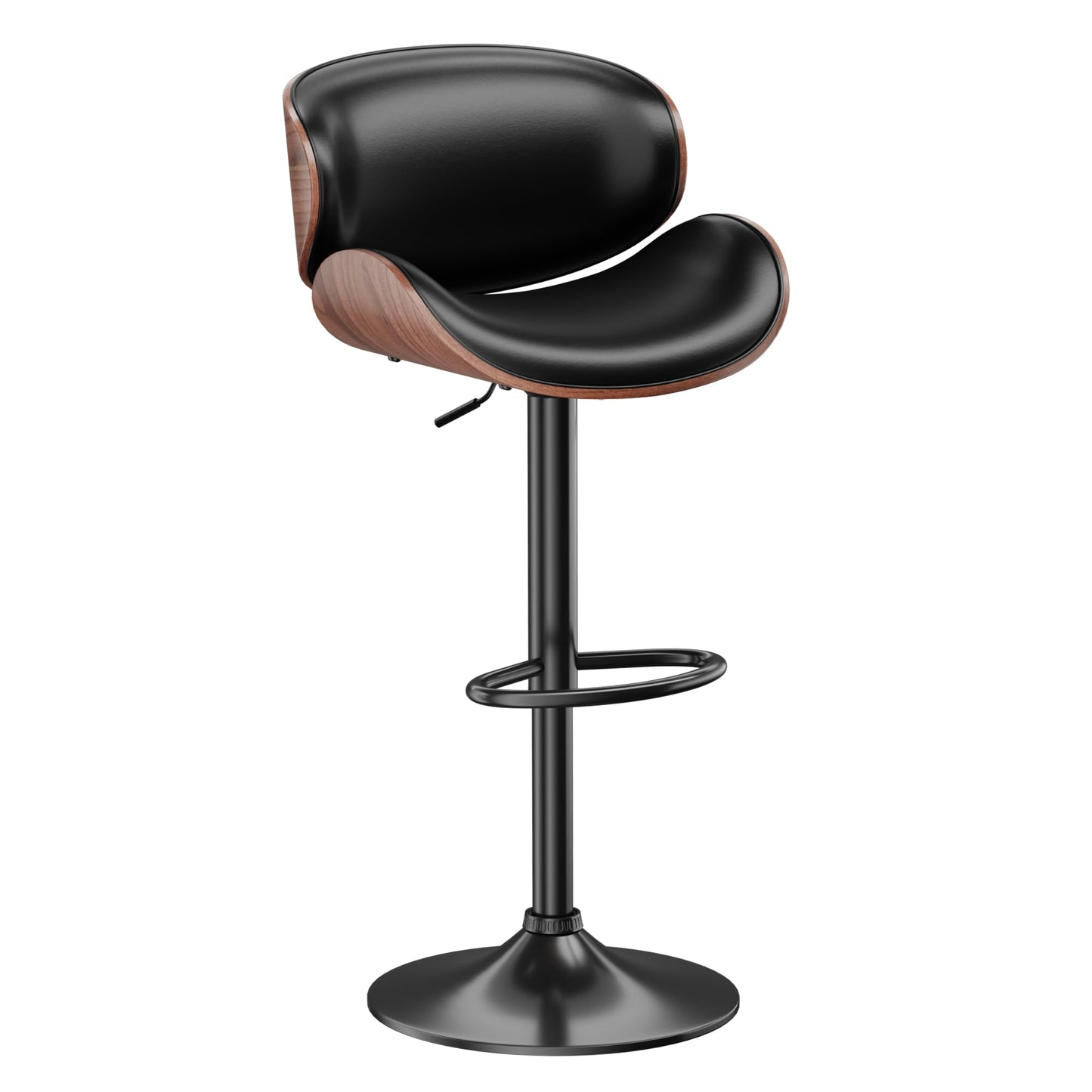 Aowos Bar Stools Adjustable Swivel Leather Bar Stools for Kitchen Island Mid Century Modern Counter Height Bar Chairs Barstools with Back & Footrest (Black 1PCS)