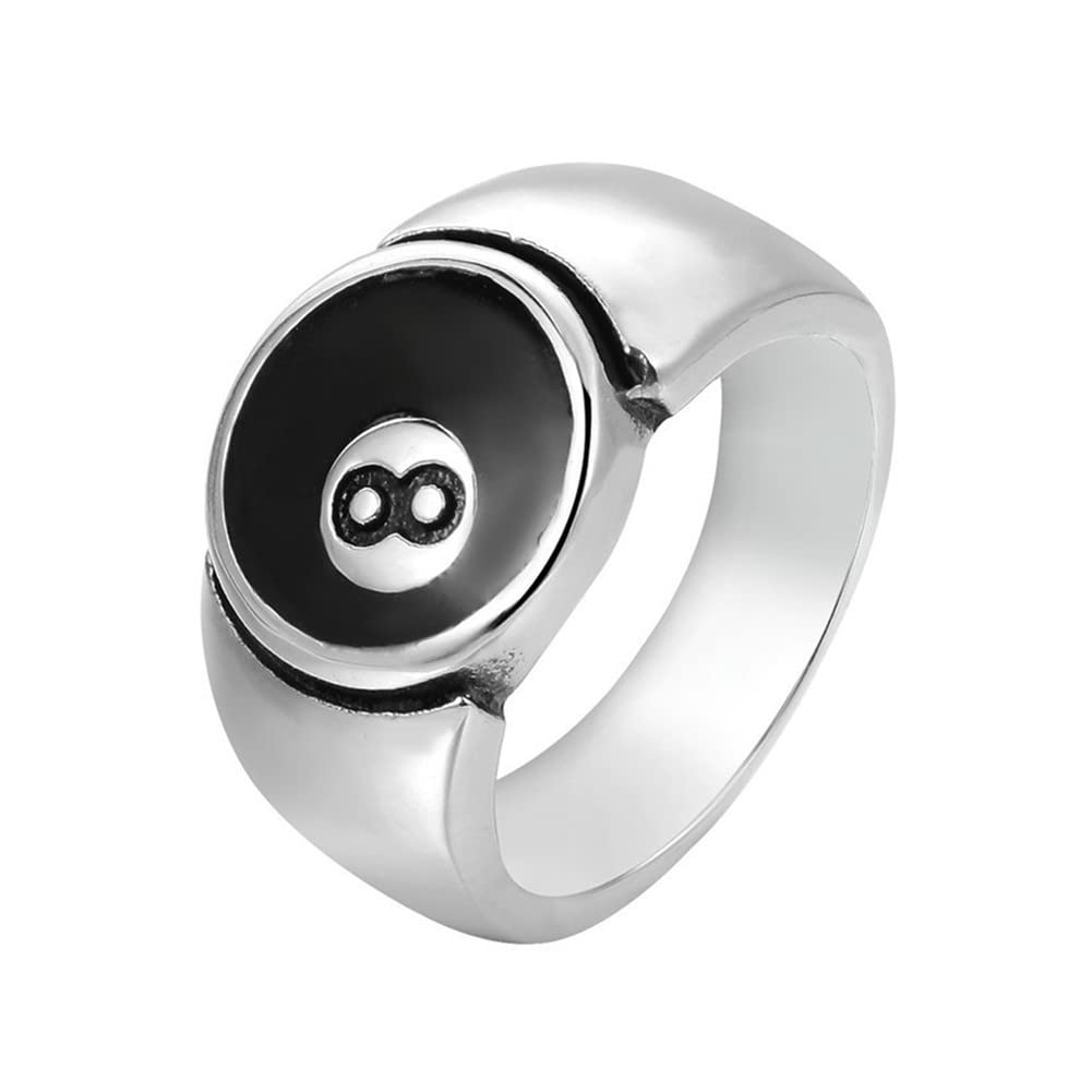 OAKKY Mens Stainless Steel Billiard 8 Ball Signet Lucky Gothic Biker Ring Silver Size 7