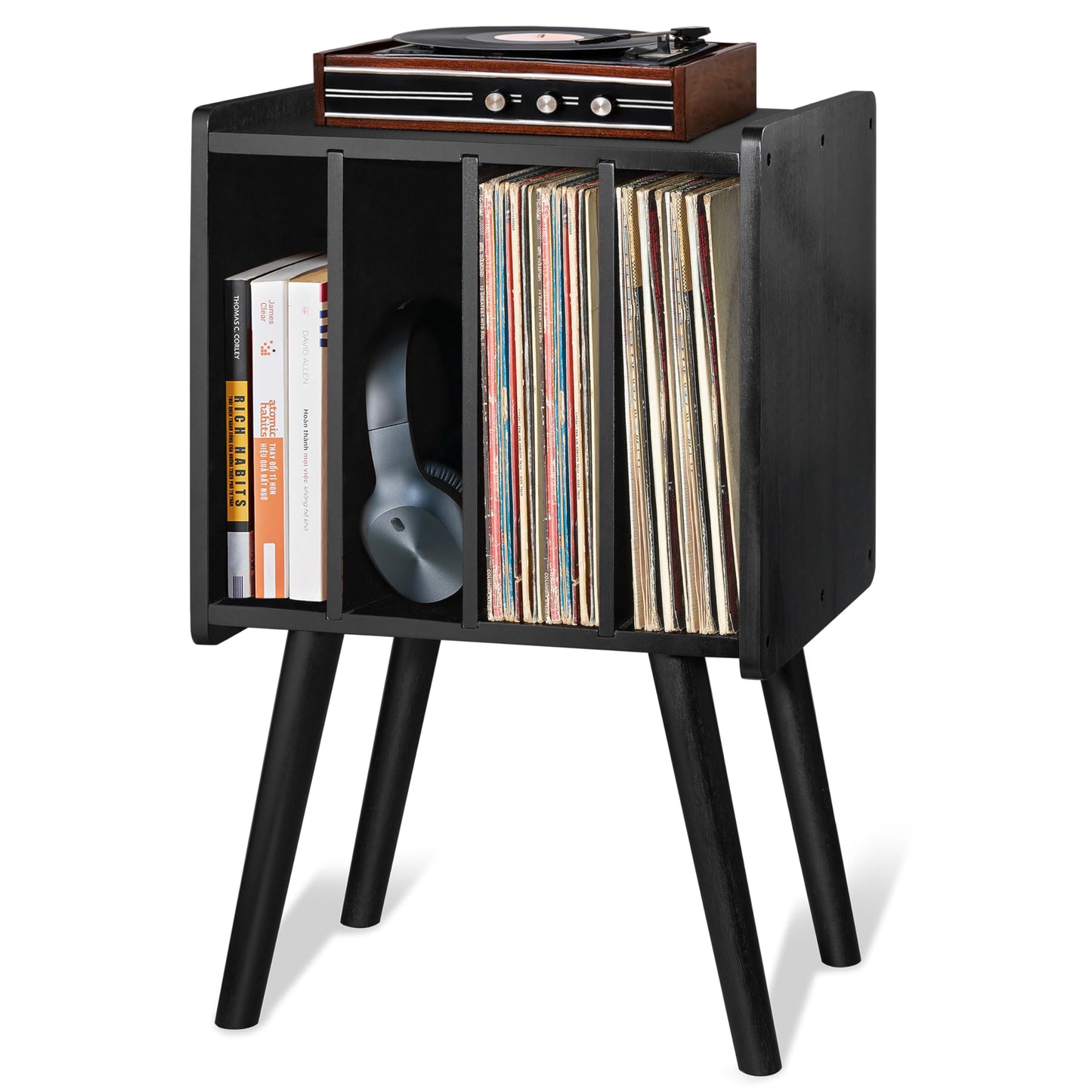 2BHOME Wooden LP Record Player Stand with 4 Cabinets Holds up to 100 Vinyls Metal Record Storage Holder and Organizer Table Classical Design for Files/Book (Mid-Century Modern)