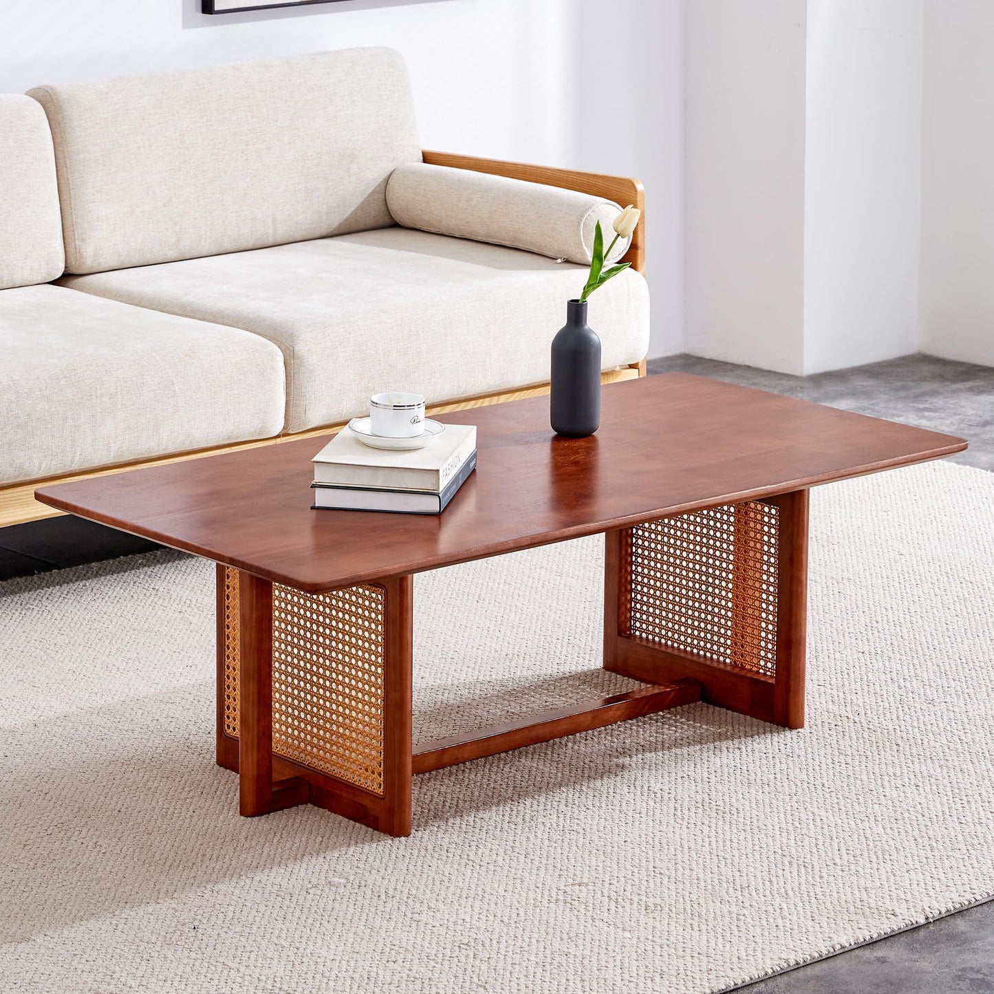 Ganooly Mid Century Modern Wood Coffee Table with PE Rattan Stand 47 Inch Rectangular Solid Wood Boho Coffe Table Unique Center Cocktail Table for Livinig Room Apartment Office